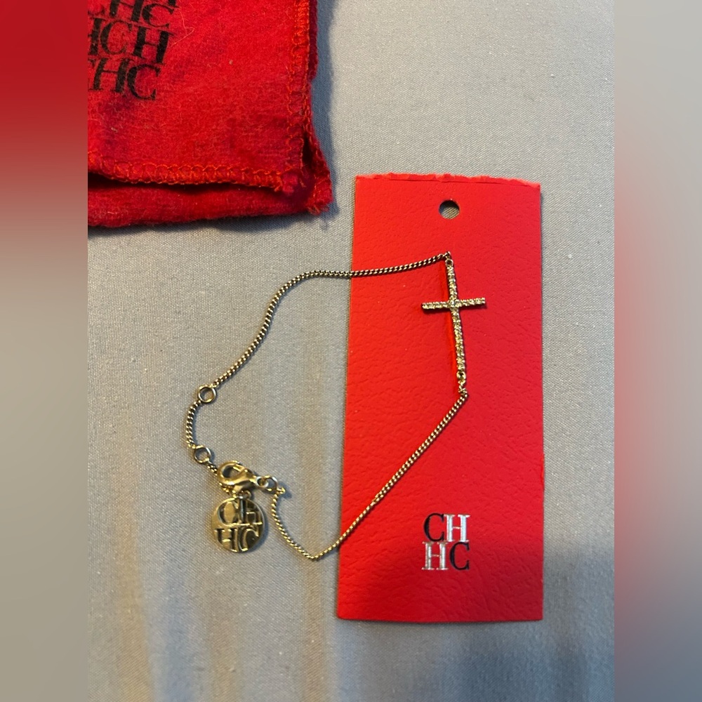 Ch Carolina Herrera Gold Cross Bracelet adjustable w Swarovski crystals NWT RARE